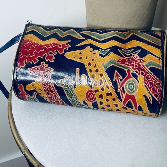 VTG Leather Embossed Giraffe Wildlife Jungle Africa Structured Crossbody Bag - Picture 6 of 12